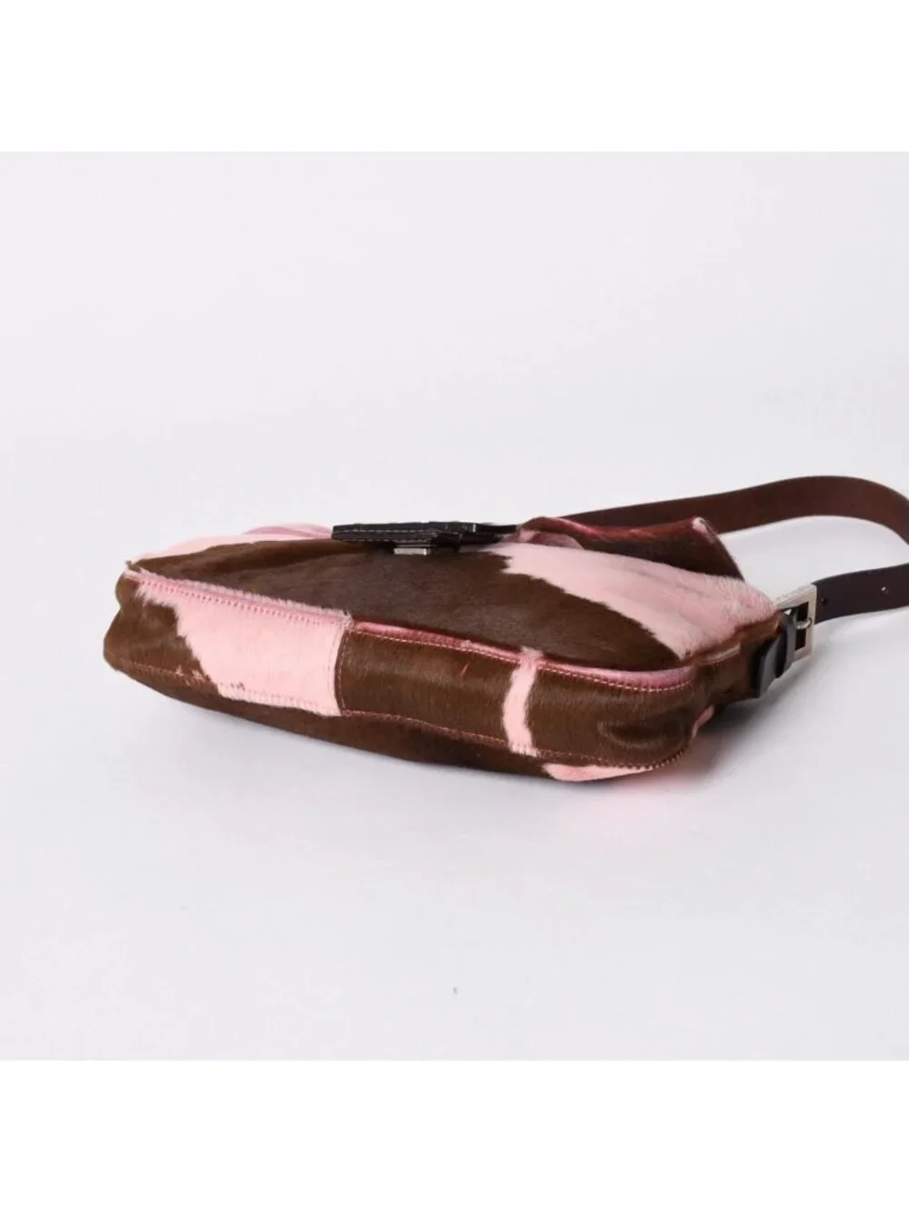 Fendi Mamma Baguette Calf Hair Leather Shoulder Bag Pink Brown Silver